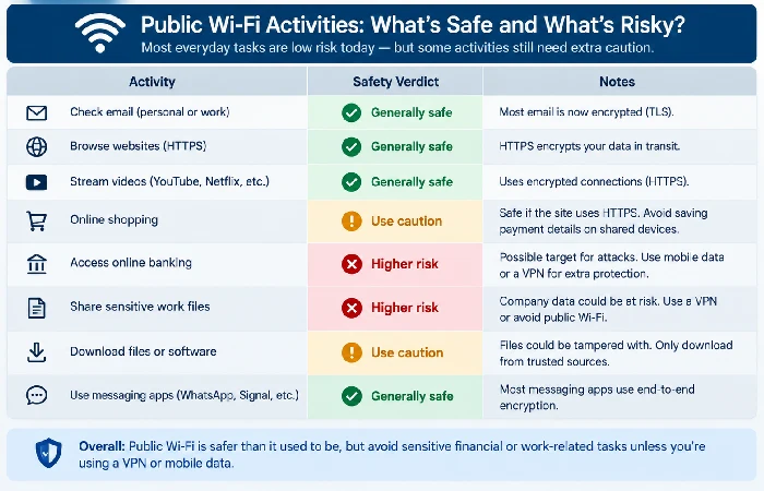 Table showing which public wifi activities are safe versus risky