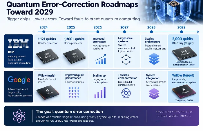 imeline showing IBM and Google quantum error-correction roadmaps toward 2029