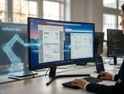 Software bot automating repetitive digital tasks on a computer screen