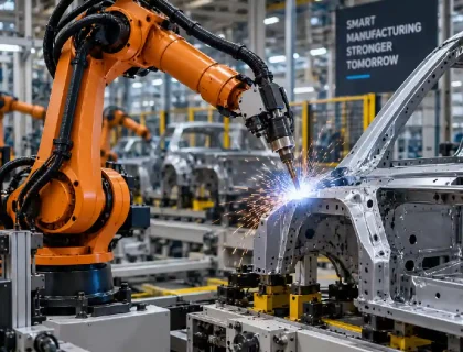 Industrial robot arm welding on a manufacturing production line