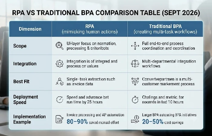 Comparison table showing RPA vs traditional business process automation