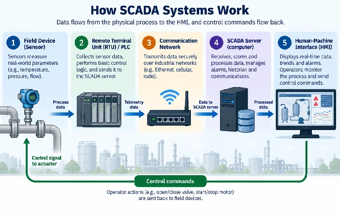 Flowchart of SCADA data moving from sensor to HMI and back
