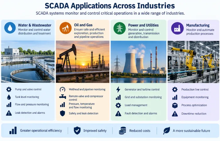 Chart of industries using SCADA: water, oil and gas, power, manufacturing