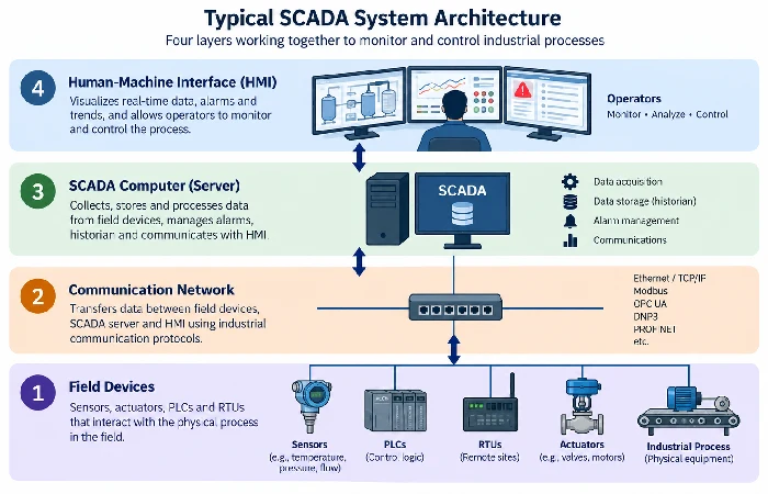 Diagram of SCADA's four layers: field devices, network, computer, HMI