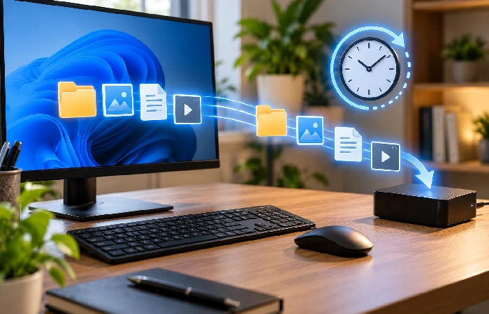 Scheduled backup workflow from selected files to separate storage