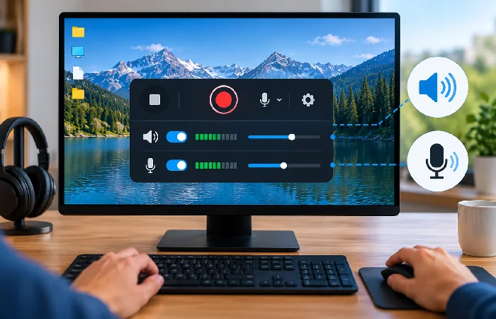 Screen recording with microphone and system audio settings