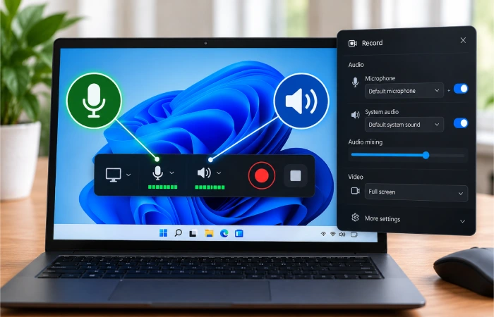 Windows screen recording audio settings for system sound and mic