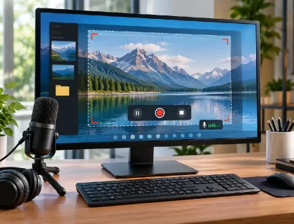 Screen recording software capturing a desktop with microphone and audio setup