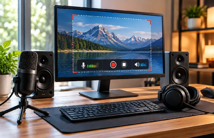Screen recording setup with microphone and computer audio for narration