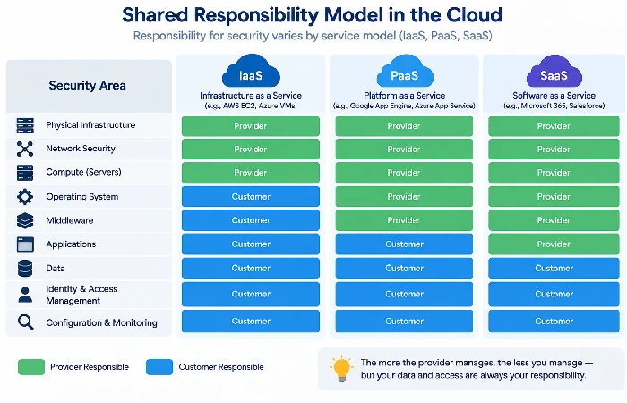 Shared responsibility model split across IaaS, PaaS, and SaaS