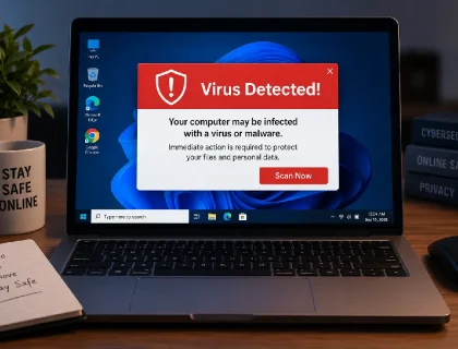 Laptop screen showing a warning pop-up indicating possible virus infection