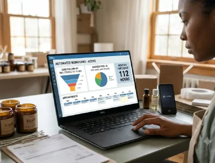 Small business owner reviewing an automated workflow dashboard on a laptop
