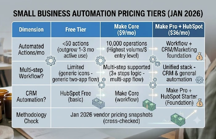 Table comparing free, $9, and $36 monthly small business automation tool tiers