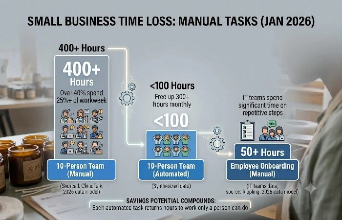 Bar chart showing 400+ hours per month lost to manual tasks on a 10-person team