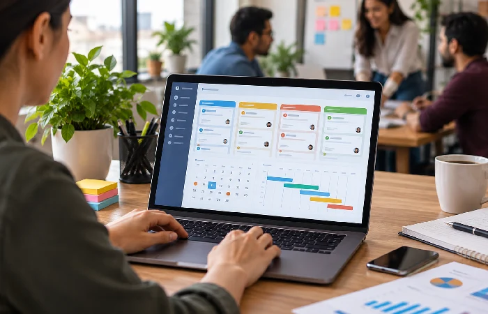 Small business task management workflow with assigned tasks and project deadlines