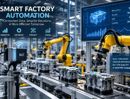 Connected sensors and robotic arms on a smart factory production line