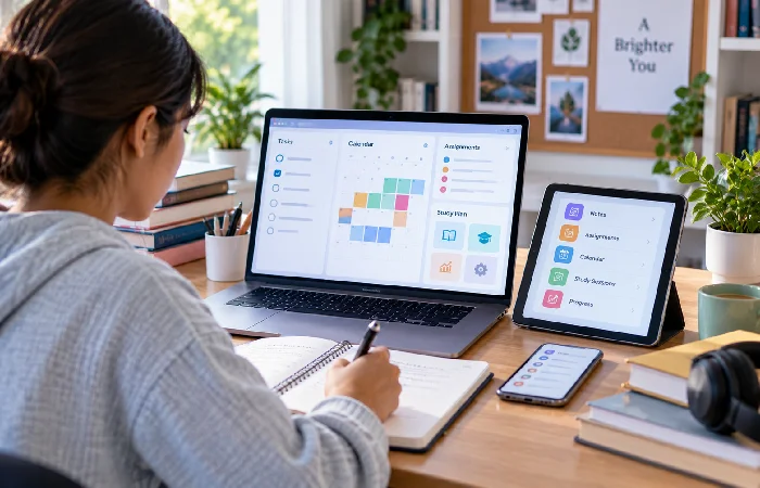 Student workflow using tasks calendar and study planning software
