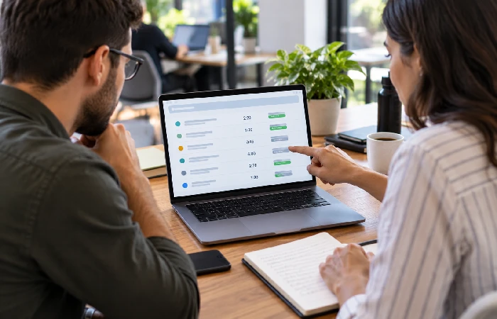 Two colleagues reviewing tracked work hours together at a desk