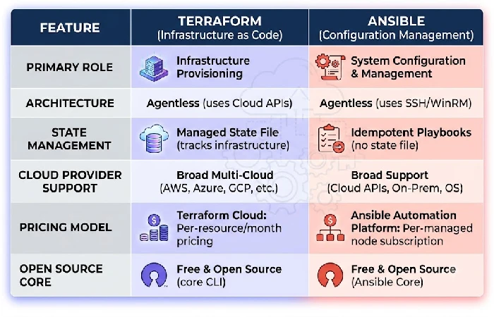 Terraform versus Ansible feature and pricing comparison table