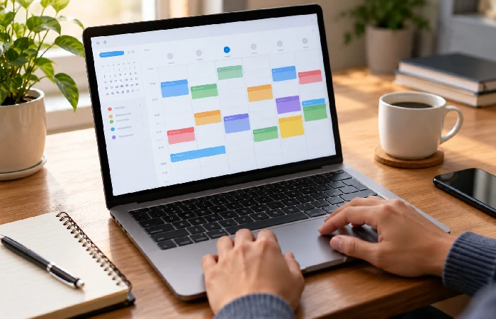 Someone planning their day using a calendar app on a laptop screen
