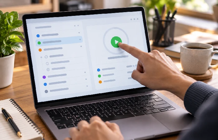 A hand starting a task timer on a laptop while a task list is open nearby