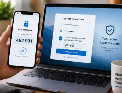 Phone showing a two-factor authentication code next to a laptop login screen