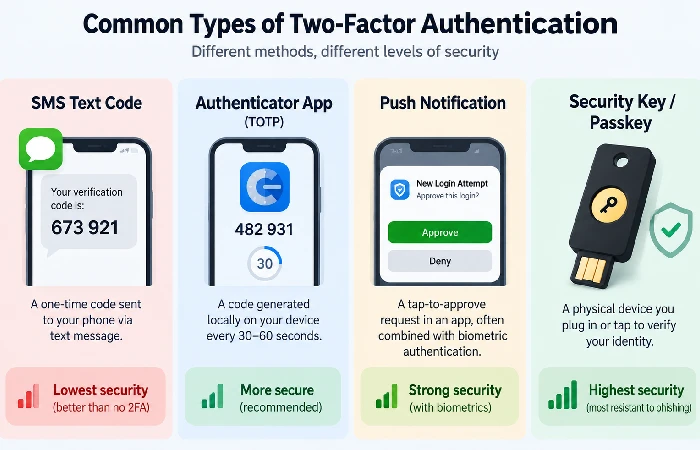 Icons comparing SMS code, authenticator app, push notification, and security key