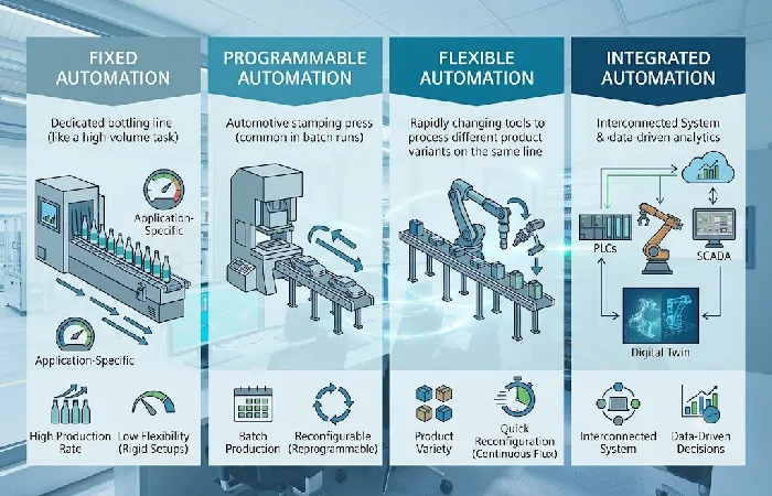 Comparison chart of fixed, programmable, flexible and integrated automation types