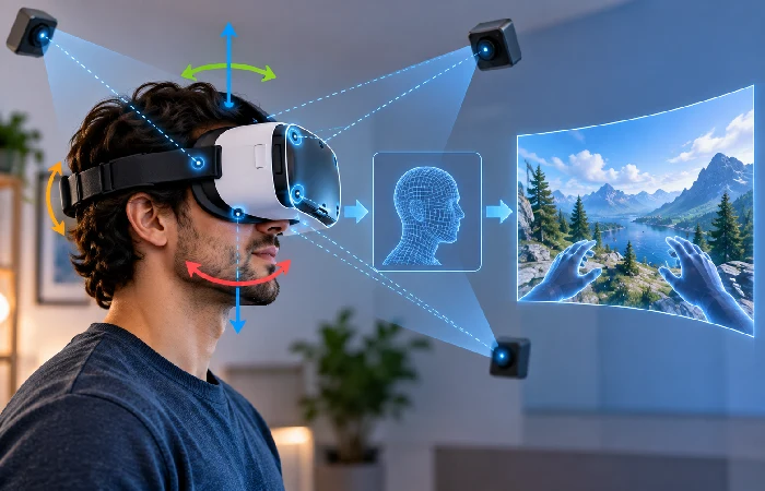 Diagram showing how VR headset sensors track head movement in real time