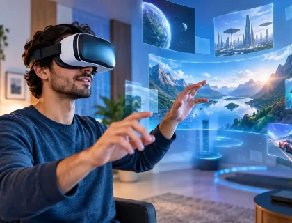 Person wearing a VR headset interacting with a virtual environment