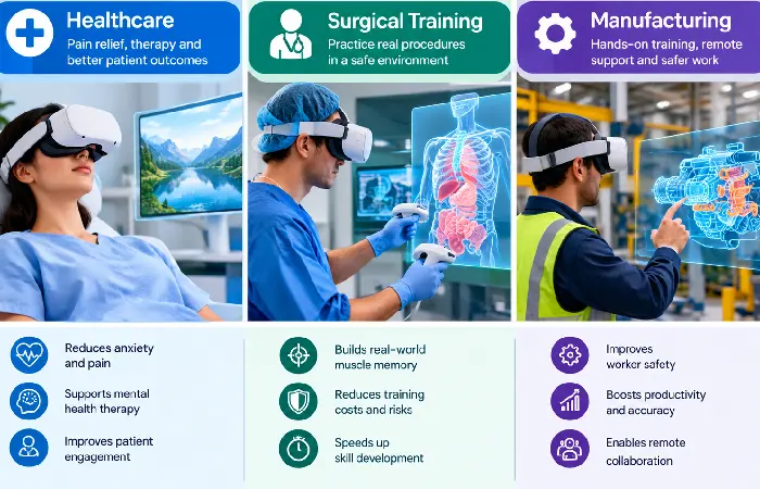 Chart of VR use cases across healthcare, surgical training, and manufacturing