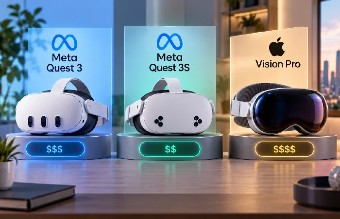 026 price comparison of Meta Quest 3, Quest 3S, and Apple Vision Pro