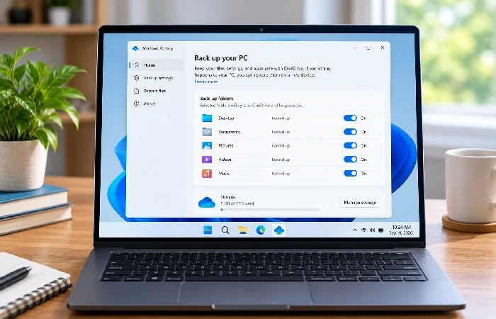 Windows Backup app with Desktop, Documents, Pictures, Videos and Music folder toggles switched on