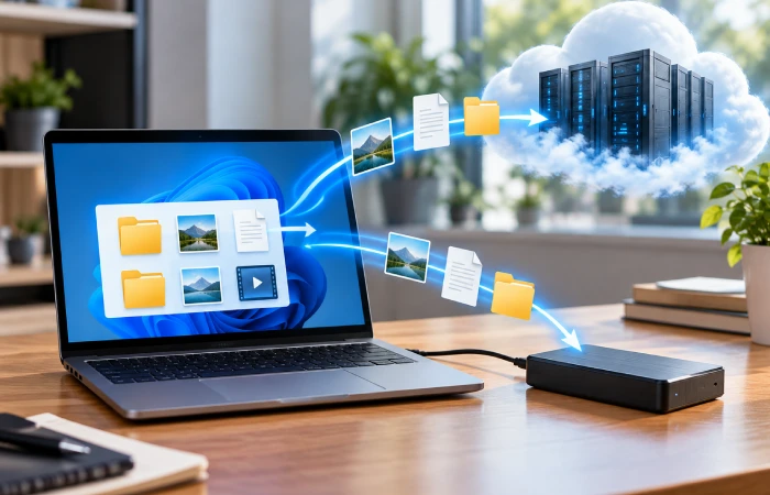 Windows backup workflow showing files copied to separate storage