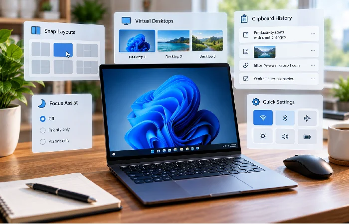 Windows productivity tools including Snap Layouts and Clipboard History
