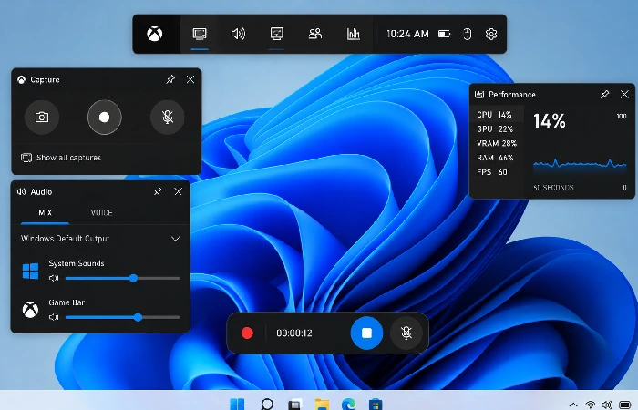 Xbox Game Bar recording controls on Windows